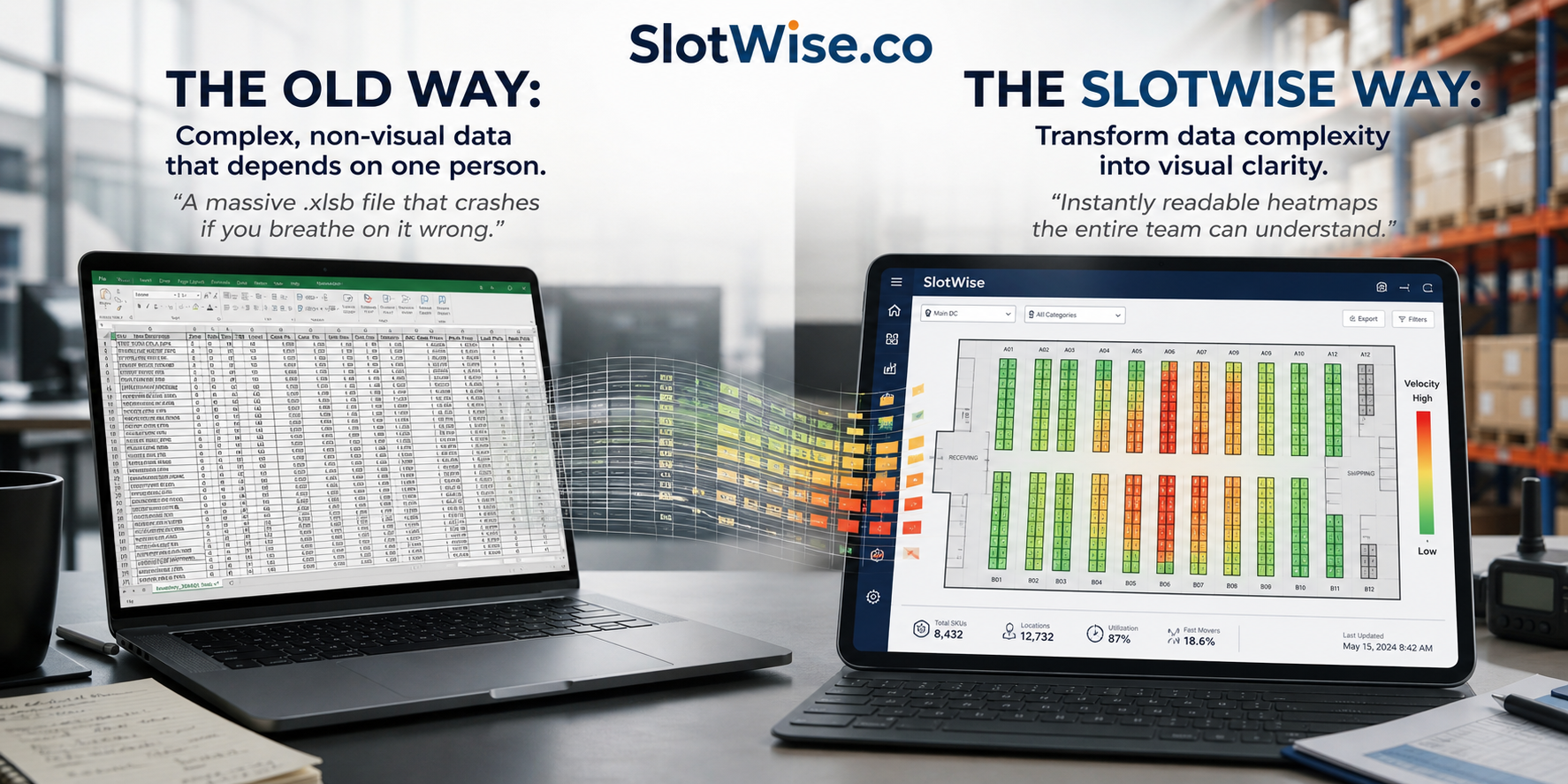 Spreadsheet data uploaded and transformed into a warehouse heatmap